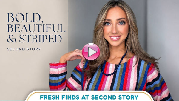 Bold striped sweater with denim, colorful accessories, and stylish Second Story finds.