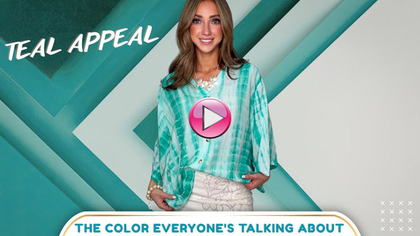 Model wearing a flowing teal tie-dye blouse with a white lace skirt, showcasing fresh consignment fashion in soft seafoam and turquoise tones at Second Story in Albuquerque.