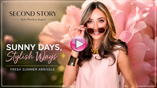Woman modeling colorful summer dresses, bright accessories, handbags, and stylish seasonal fashion at Second Story women's consignment boutique.