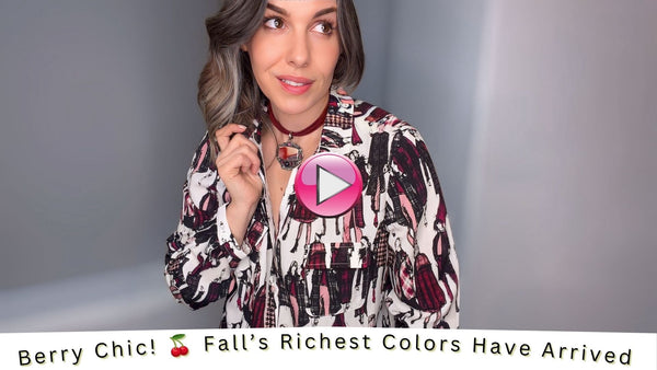 Model wearing cranberry, plum and wine-colored fall outfits from Gee Loretta! in Albuquerque.