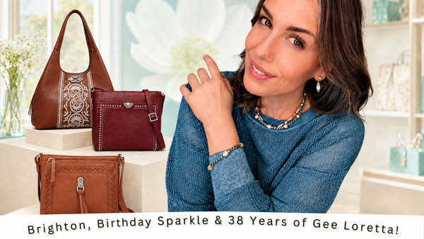 Smiling woman wearing Brighton jewelry beside three fall-colored Brighton handbags for Gee Loretta!’s Brighton Trunk Show and 38th birthday celebration.
