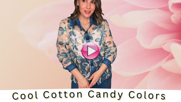Gee Loretta summer fashion featuring a woman in a blue floral blouse and denim jeans styled in soft cotton candy colors with pastel pink and blue skies, showcasing lightweight summer clothing and feminine seasonal style.