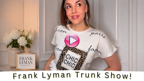 Model wearing a Frank Lyman graphic fashion top at Gee Loretta! in Albuquerque during the one-day Fall 2026 Frank Lyman Trunk Show.