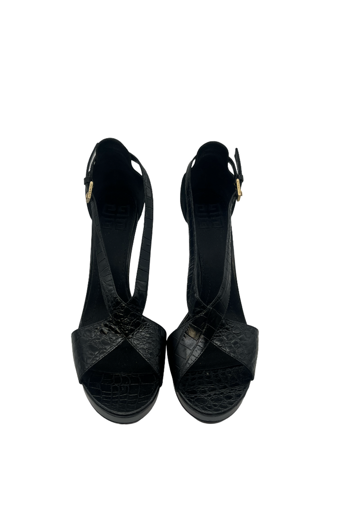 Givenchy Black Croc-Embossed Strappy Stacked Heels