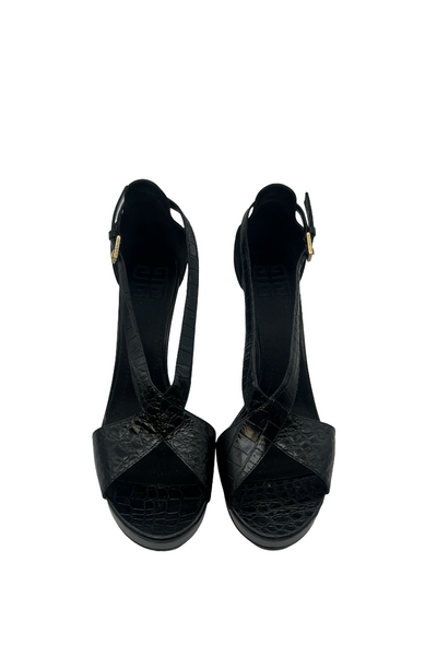 Givenchy Black Croc-Embossed Strappy Stacked Heels