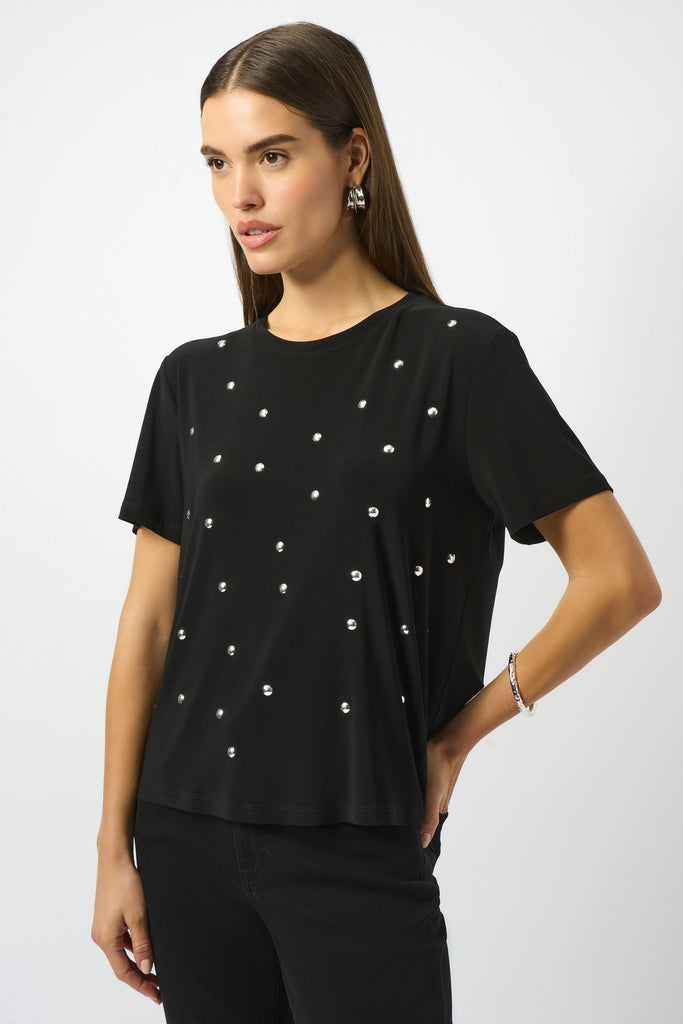 Women's Silky Knit T-Shirt with Metallic Stud Details
