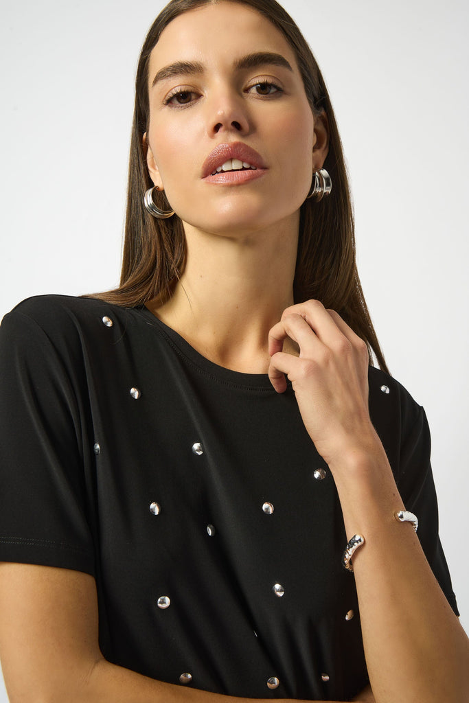 Women's Silky Knit T-Shirt with Metallic Stud Details