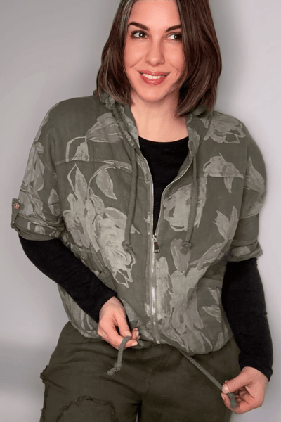 Floral linen hoodie zip Jacket