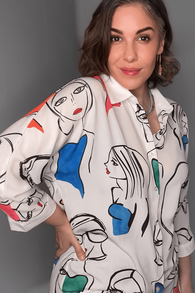 "Faces" button down Blouse