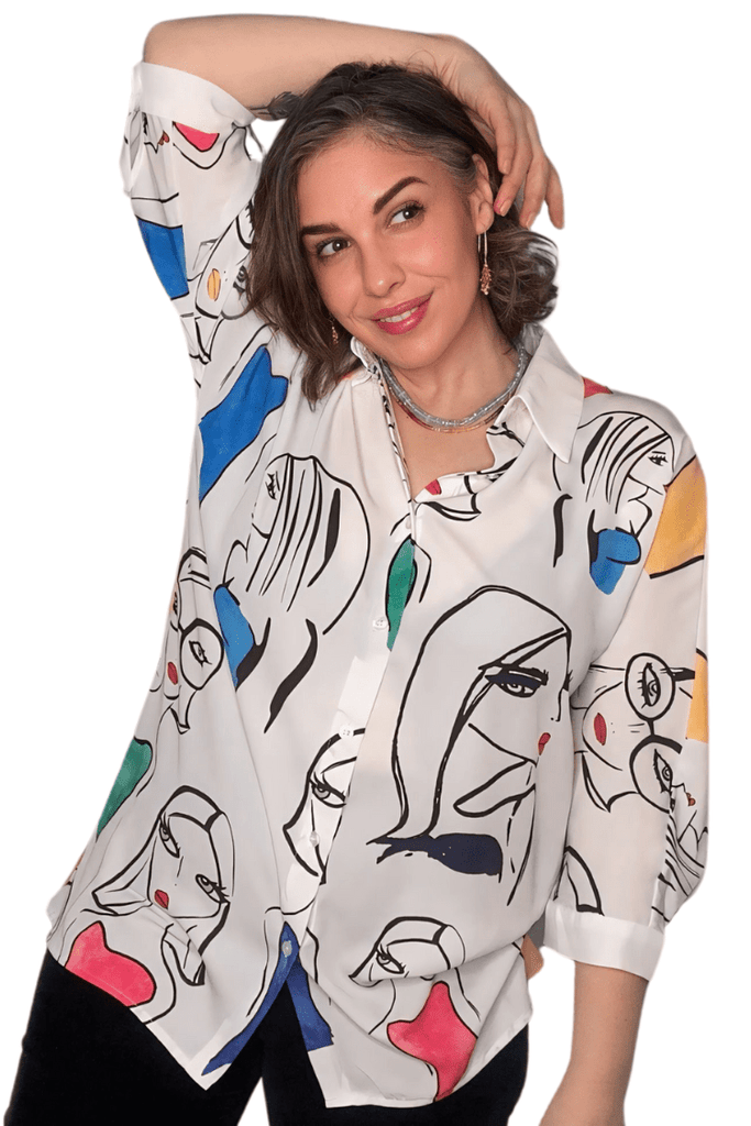 "Faces" button down Blouse
