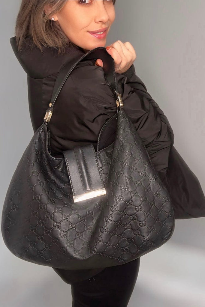 Gucci Black Leather Embossed Guccisima Vintage Hobo Bag
