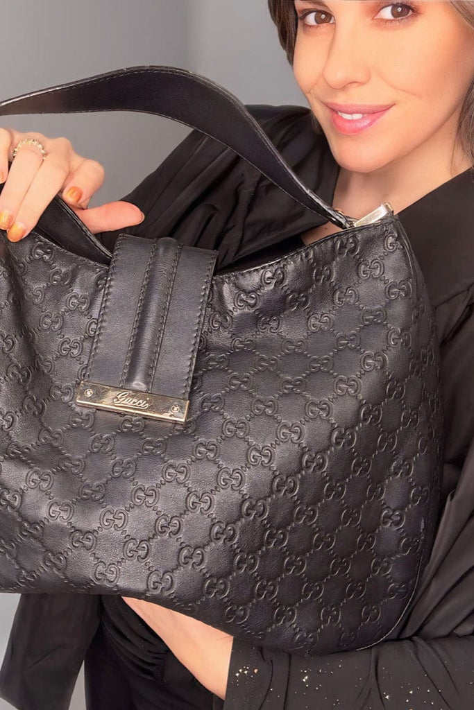 Gucci Black Leather Embossed Guccisima Vintage Hobo Bag