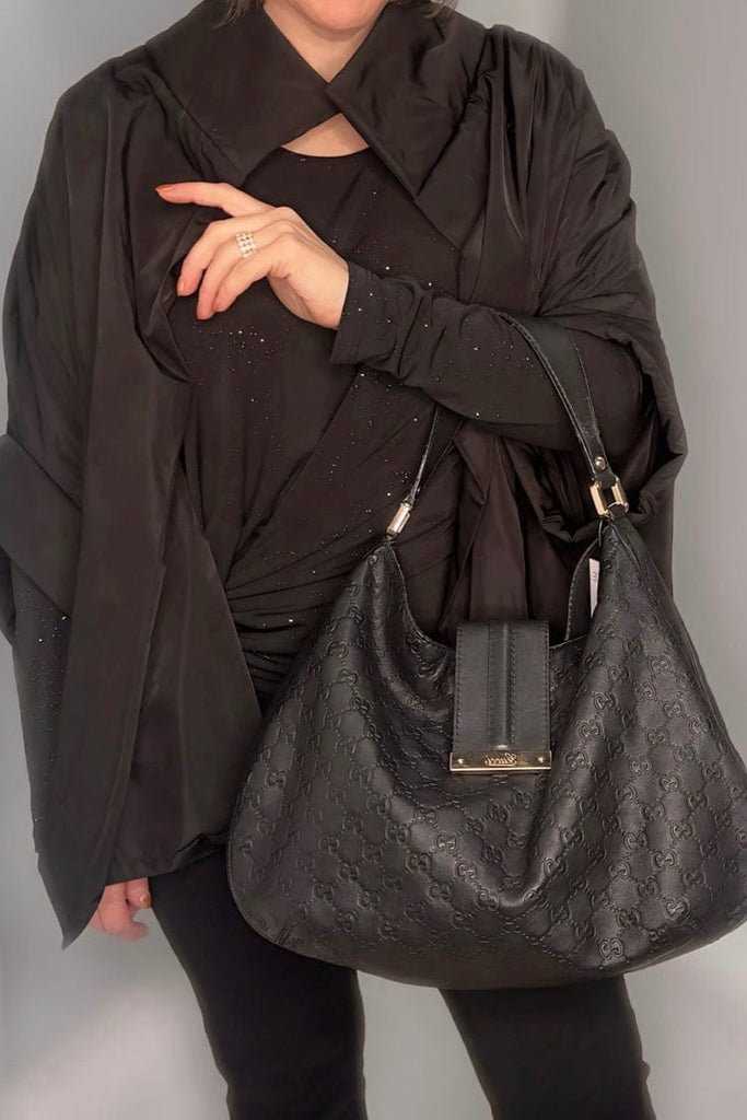 Gucci Black Leather Embossed Guccisima Vintage Hobo Bag