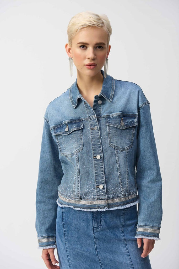 Small rhinestones raw hem Denim Jacket