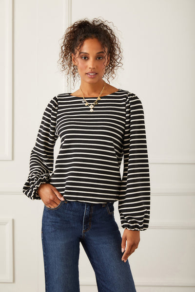 Boatneck striped  elastic waist & slvs Top