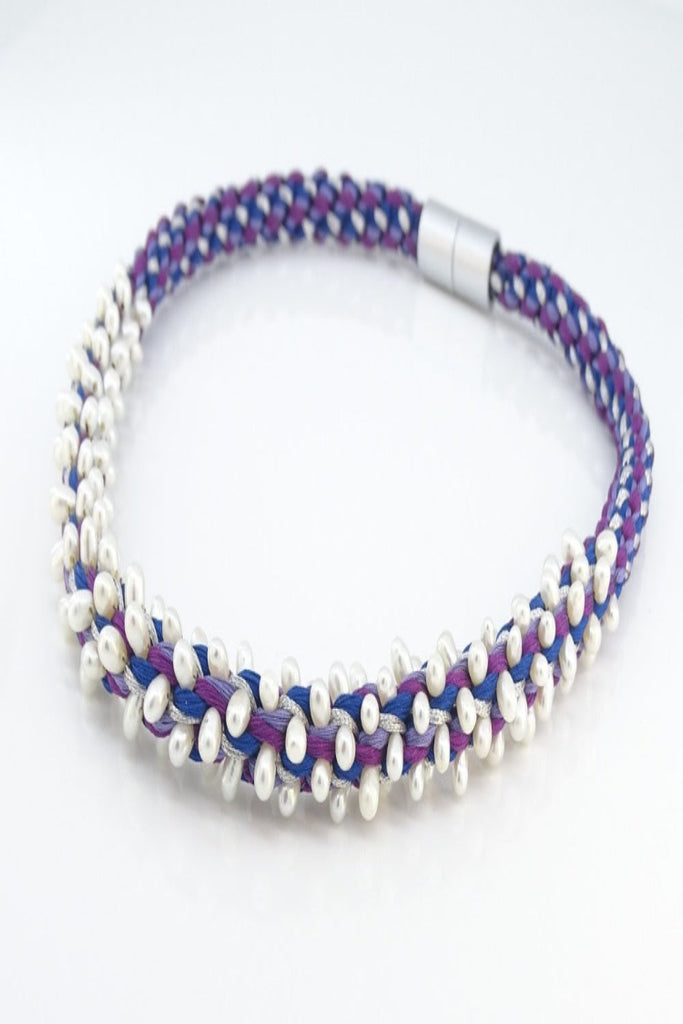 Pearl Sprinkles Blue & Fuschia Kumihimo Necklace