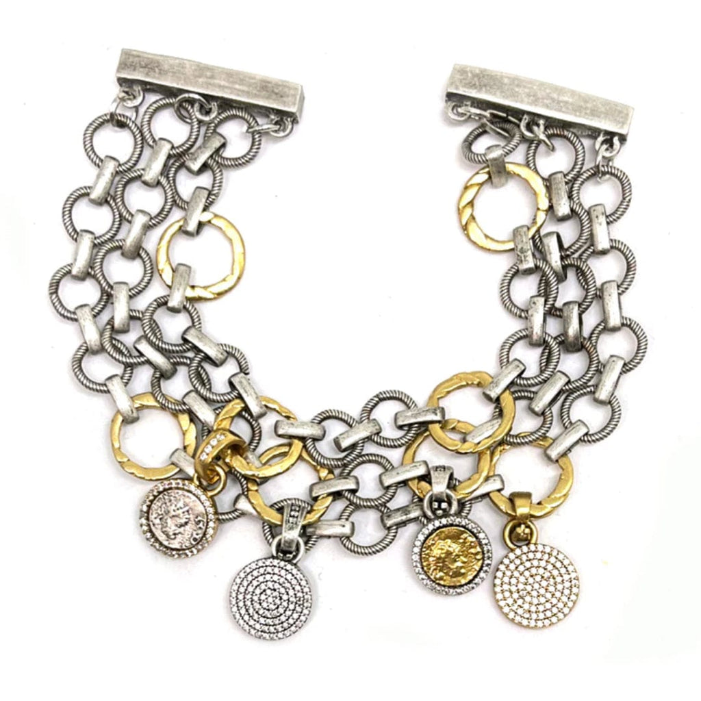 Vintage Silver Flat Ring Triple Chain Charm Bracelet