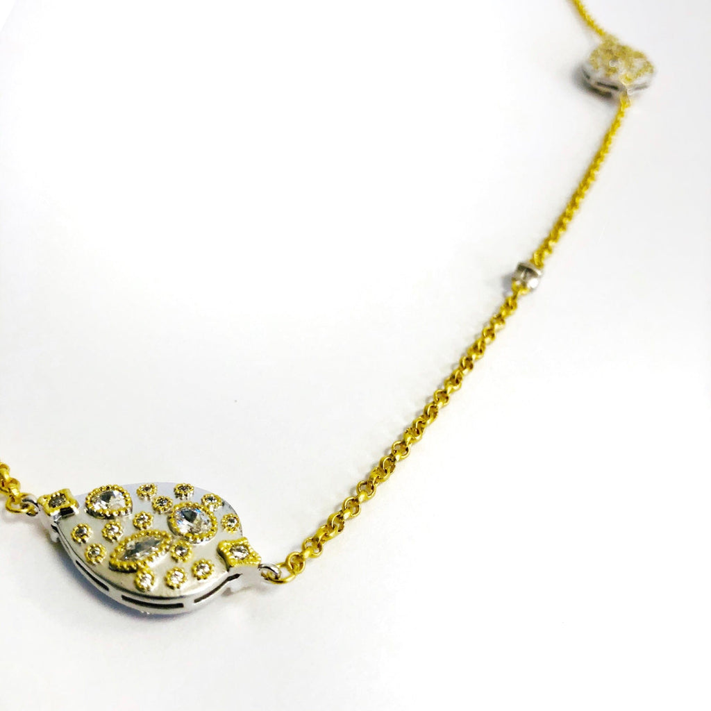 Long Necklace with Crystal Embedded Teardrops- Gold