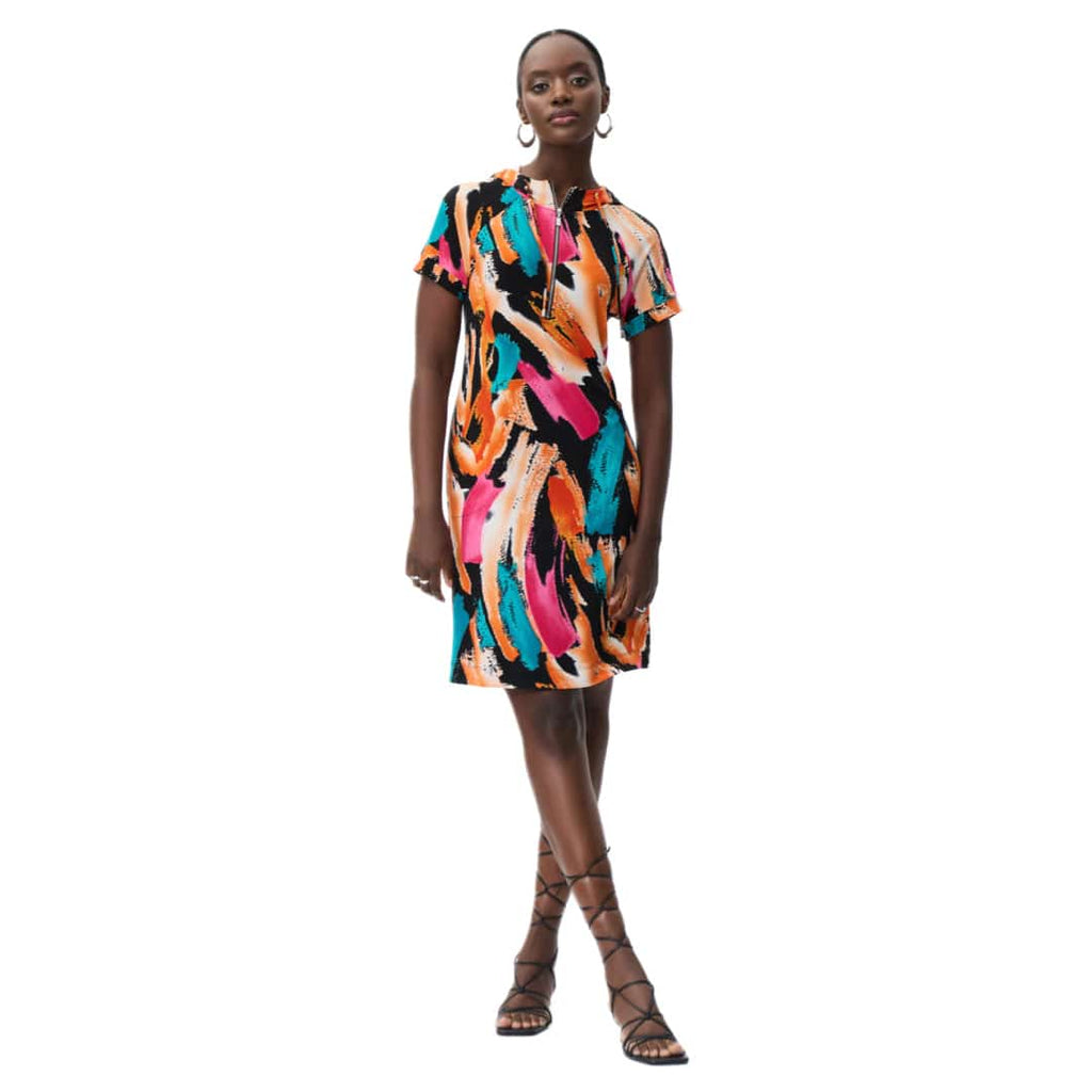 Dress With Front Zip And Multicolored Pattern