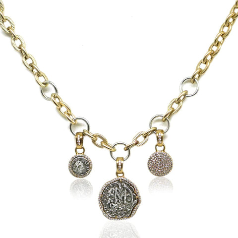 Gold Triple Charm Pave Mini Molat Necklace