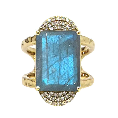 Gold Kosor Emerald Cut Labradorite & Crystal Cocktail Ring Size 7